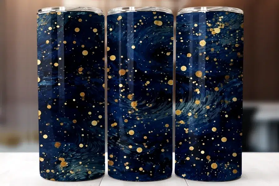 Three Navy Blue Tumblers With A Gold Speckled Design.
