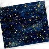 Dark Blue Background With Gold Confetti And Swirling Patterns.