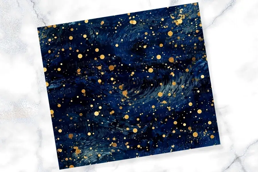 Dark Blue Background With Gold Confetti And Swirling Patterns.