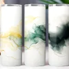 Three White Tumblers With Abstract Gold And Green Watercolor Designs.
