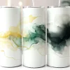 Three White Tumblers With Abstract Green And Gold Designs.