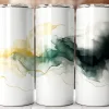 Three White Tumblers With Abstract Green And Gold Designs.