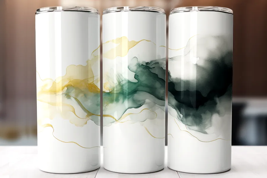 Three White Tumblers With Abstract Green And Gold Designs.