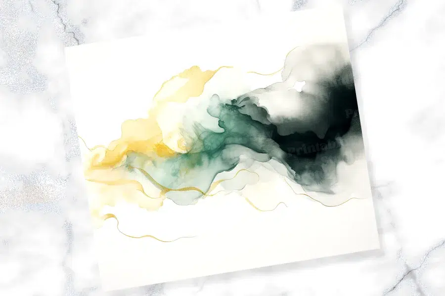 Abstract Alcohol Ink Painting In Gold, Green, And Black.