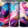 Three Tumblers With An Abstract Pink, Blue, Purple, And Gold Marble Design.