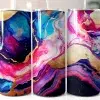 Three Tall Tumblers With Vibrant Pink, Blue, Purple, And Gold Marble Designs.