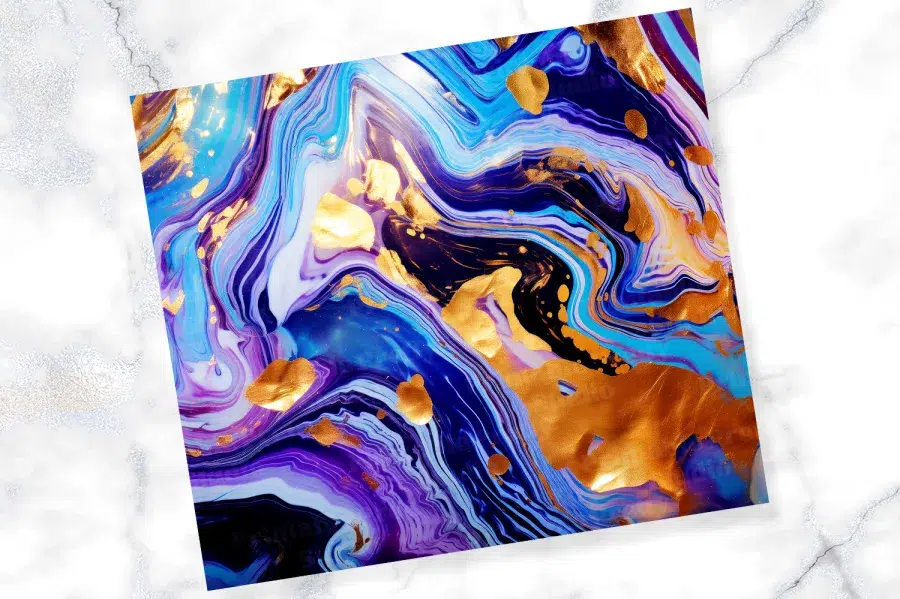 Abstract Painting In Swirling Shades Of Purple, Blue, And Gold.