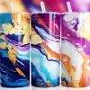 Multicolor Marble Tumbler Wrap Design With Swirling Vibrant Ink In Purple, Blue, Orange, And Pink Tones Accented By Faux Gold Veining On 20Oz Skinny Tumblers.