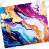 Abstract Painting In Swirling Blues, Purples, Oranges, And Gold.