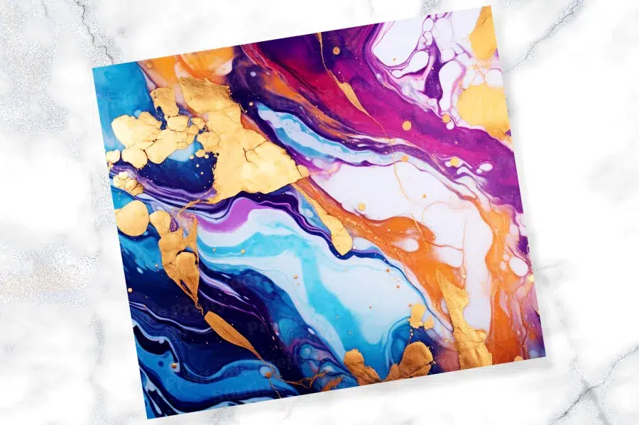Abstract Painting In Swirling Blues, Purples, Oranges, And Gold.