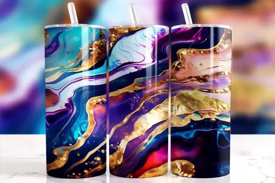 deep jewel marble Tumbler Wrap design with vivid swirls of sapphire, violet, pink, turquoise, and gold flowing in a bold abstract resin-pour style.