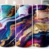 Three Tall Tumblers With Abstract Gold And Purple Marble Designs.