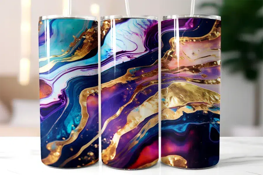 Three Tall Tumblers With Abstract Gold And Purple Marble Designs.