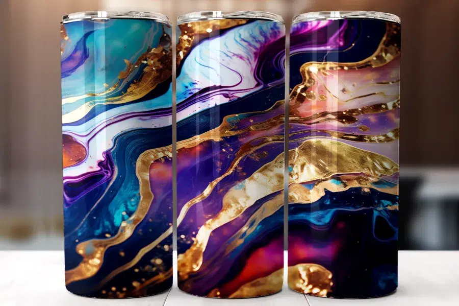 Three Tumblers With A Colorful Abstract Design Featuring Swirling Purples, Blues, And Gold Accents.