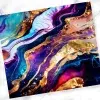 Abstract Painting In Swirling Shades Of Purple, Blue, And Gold.