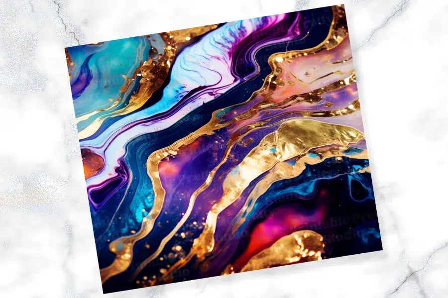 Abstract Painting In Swirling Shades Of Purple, Blue, And Gold.
