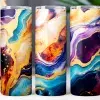 Three Tall Tumblers With An Abstract Design Featuring Swirling Blues, Purples, Oranges, And Gold Accents.