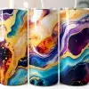 Three Tall Tumblers With Abstract Marble Designs In Teal, Purple, Gold, And Orange.