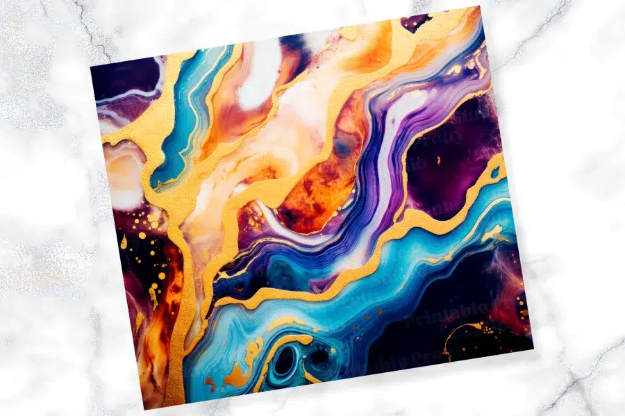 Abstract Painting In Swirling Blues, Purples, Oranges, And Gold.