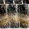 Gold Silver Dot Tumbler Wrap Design With Metallic-Look White, Gold, And Silver Dot Trails On A Black Background In A Dynamic Abstract Style.