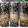 Three Black Tumblers With A Gold And White Confetti Design.