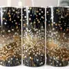 Three Black Tumblers With Gold And White Confetti Designs.