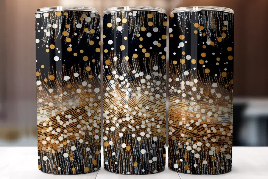 Three Black Tumblers With A Gold And White Confetti Design.