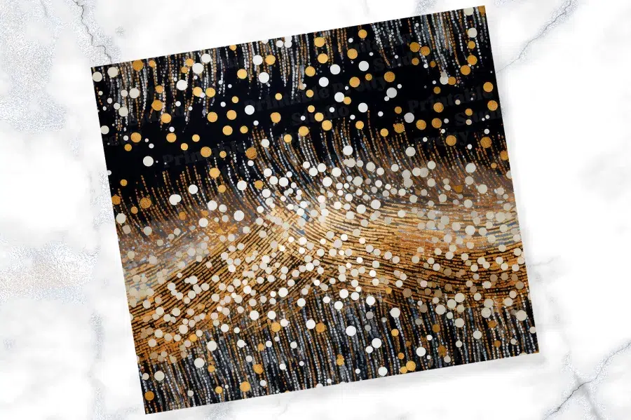 Abstract Design Featuring Gold, Silver, And White Confetti On A Black Background.