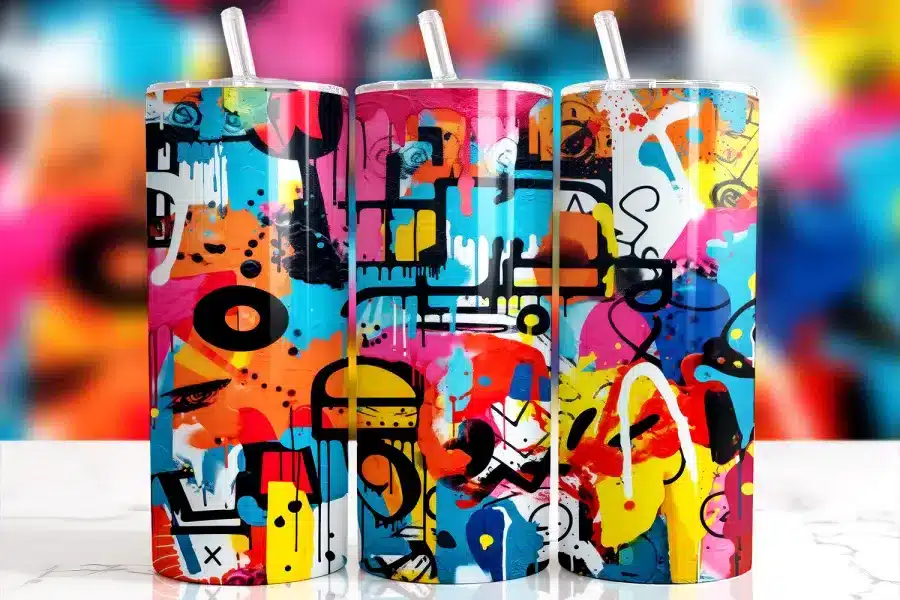 Graffiti Art Color Tumbler Wrap Design Featuring Bold Neon Colors, Spray Paint Patterns, And Abstract Street Art Details On 20oz Skinny Tumblers
