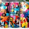 Three Colorful Tumblers With Abstract Graffiti Designs.