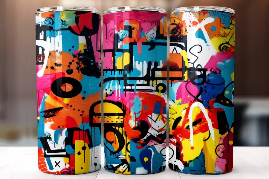 Three Colorful Tumblers Featuring Abstract Graffiti Art.
