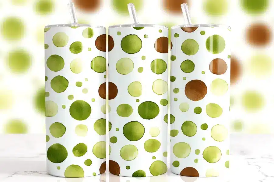 Green Brown Dot Tumbler Wrap Design Featuring Watercolor-Style Polka Dots In Natural Earth Tones On A Clean White Background