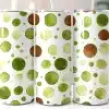 Three Stainless Steel Tumblers With A Watercolor Dot Pattern In Shades Of Green And Brown.
