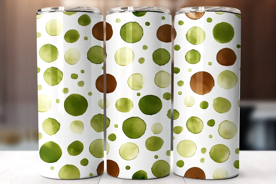 Three Tumblers With A Watercolor Dot Pattern In Shades Of Green And Brown.