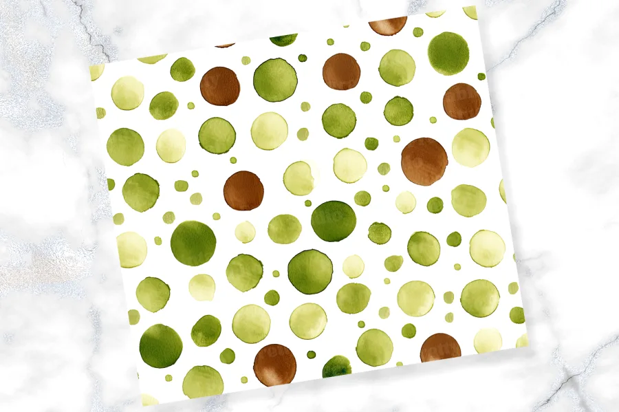 Watercolor Polka Dot Pattern In Shades Of Green And Brown On A White Background.