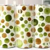 Three Tall Tumblers With Straws, Featuring A Pattern Of Watercolor-Style Green And Brown Circles On A White Background.