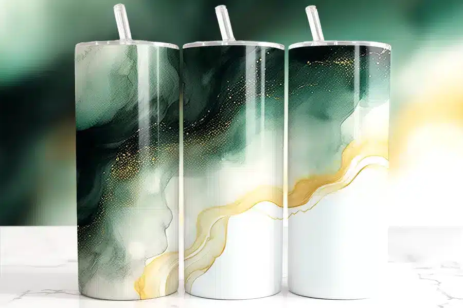 Green Gold Marble Tumbler Wrap Design Featuring Deep Emerald Ink Swirls, White Marble Texture, And Flowing Gold Veining With Glitter Accents
