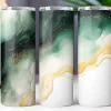 Three Tumblers With An Abstract Design Of Green And Gold Watercolor-Style Swirls On A White Background.