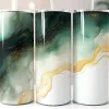 Three Tall Tumblers With Straws; Each Features An Abstract Design Of Green And Gold Watercolor-Style Swirls On A White Background.