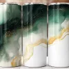 Three Tumblers With An Abstract Design Featuring Green And Gold Watercolor-Style Swirls.