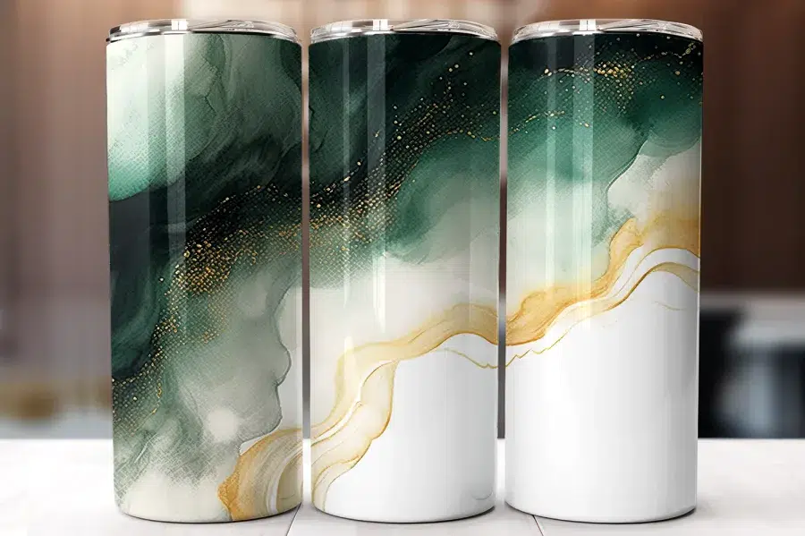 Three Tumblers With An Abstract Design Featuring Green And Gold Watercolor-Style Swirls.