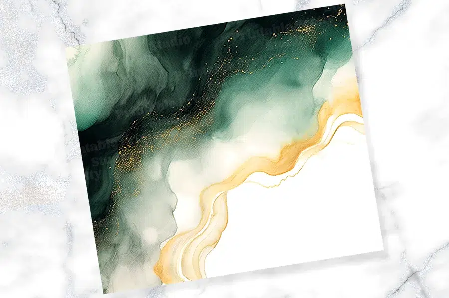 Abstract Painting In Shades Of Green And Gold With A White Background.