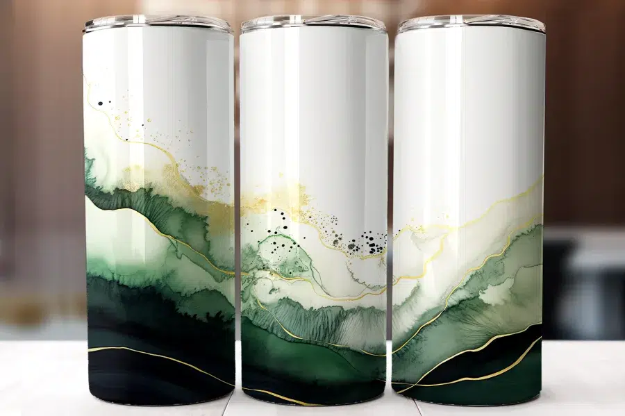 A Group Of Tall Cans With Green And Gold Designs
