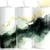 Green Gold Ink Tumbler Wrap Design Featuring Deep Emerald And Sage Watercolor Washes With Flowing Metallic Gold Accents On A Bright White Background