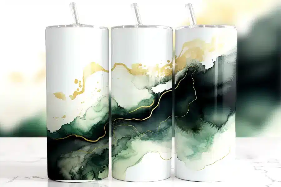 Green Gold Ink Tumbler Wrap Design Featuring Deep Emerald And Sage Watercolor Washes With Flowing Metallic Gold Accents On A Bright White Background