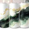 A Group Of Tall White And Green Cans With Gold Designs