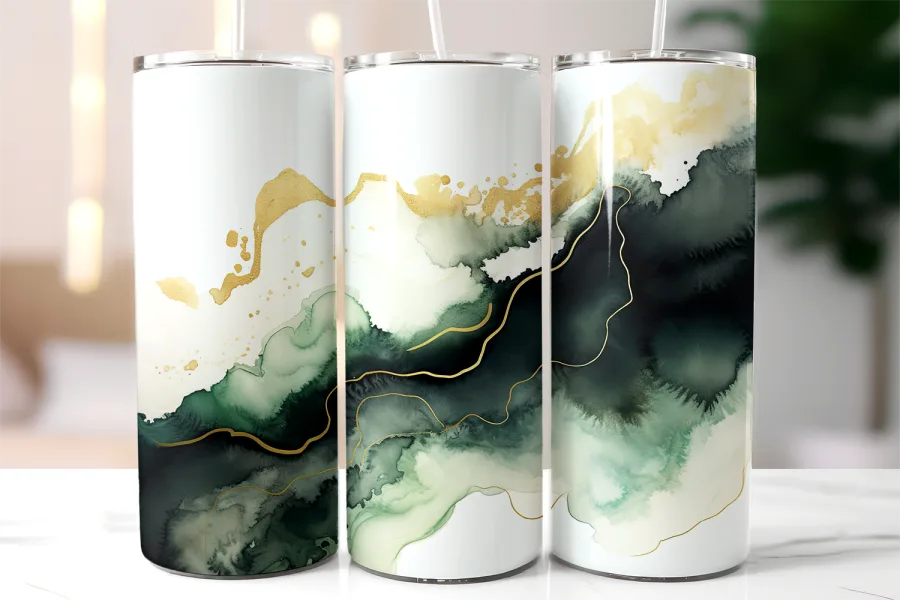 A Group Of Tall White And Green Cans With Gold Designs
