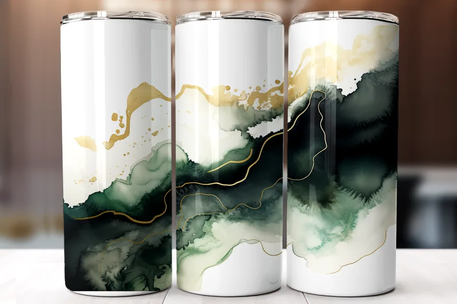 A Group Of Tall Cans With Liquid Designs