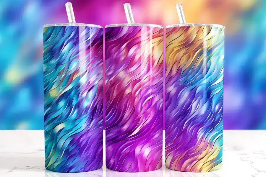 Iridescent Wave Tumbler Wrap Design Featuring Flowing Multicolor Ribbon Patterns In Bold Rainbow Hues With A Dimensional Metallic Effect