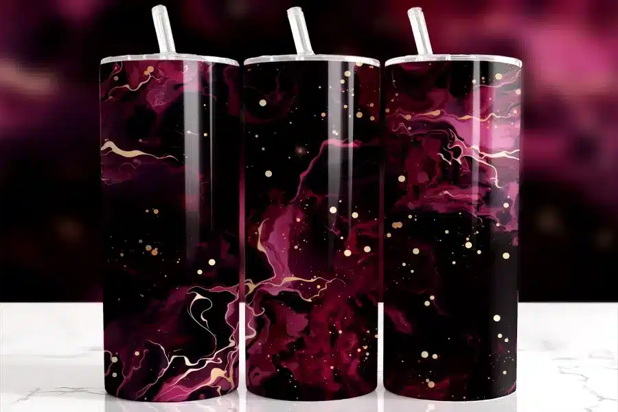Purple Gold Marble Tumbler Wrap Design Featuring Deep Wine And Black Cherry Ink Swirls With Metallic Gold Accents And Splatter On A Dark Abstract Background